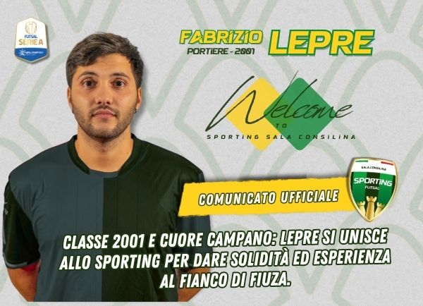 Fabrizio Lepre, portiere classe 2001, nuovo acquisto dello Sporting Sala Consilina per la stagione 2025-26. Vice di Fiuza, indosserà i colori gialloverdi.