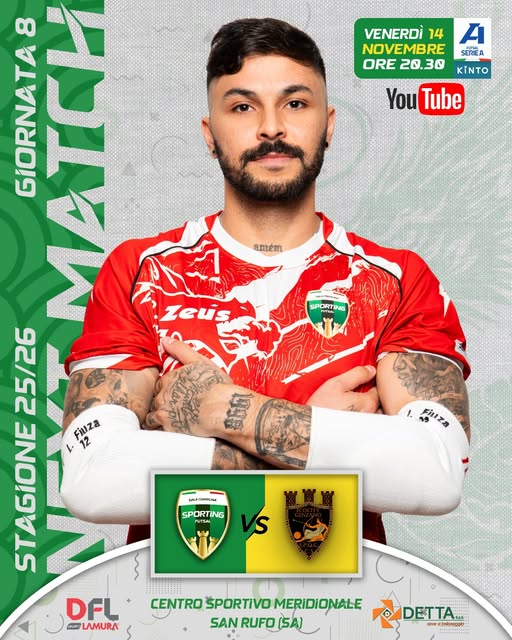 Venerdì 14 Novembre ore 20.30 - Sporting Sala Consilina vs Ecocity Genzano - Centro Sportivo Meridionale di San Rufo (SA) - Serie A Kinto - Giornata 8 - Stagione 2025-26 - Fiuza